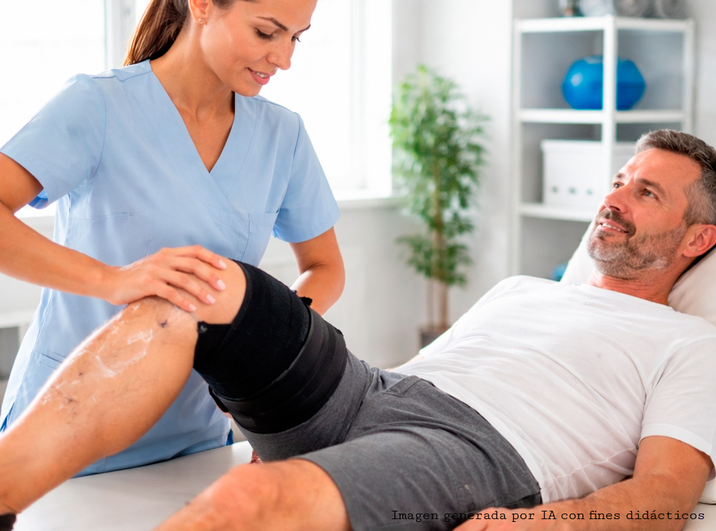 Fisioterapeuta realizando tratamiento de fisioterapia postquirúrgica en la rodilla de un paciente durante una sesión de rehabilitación funcional en el Centro Médico de Rehabilitación Majadahonda.